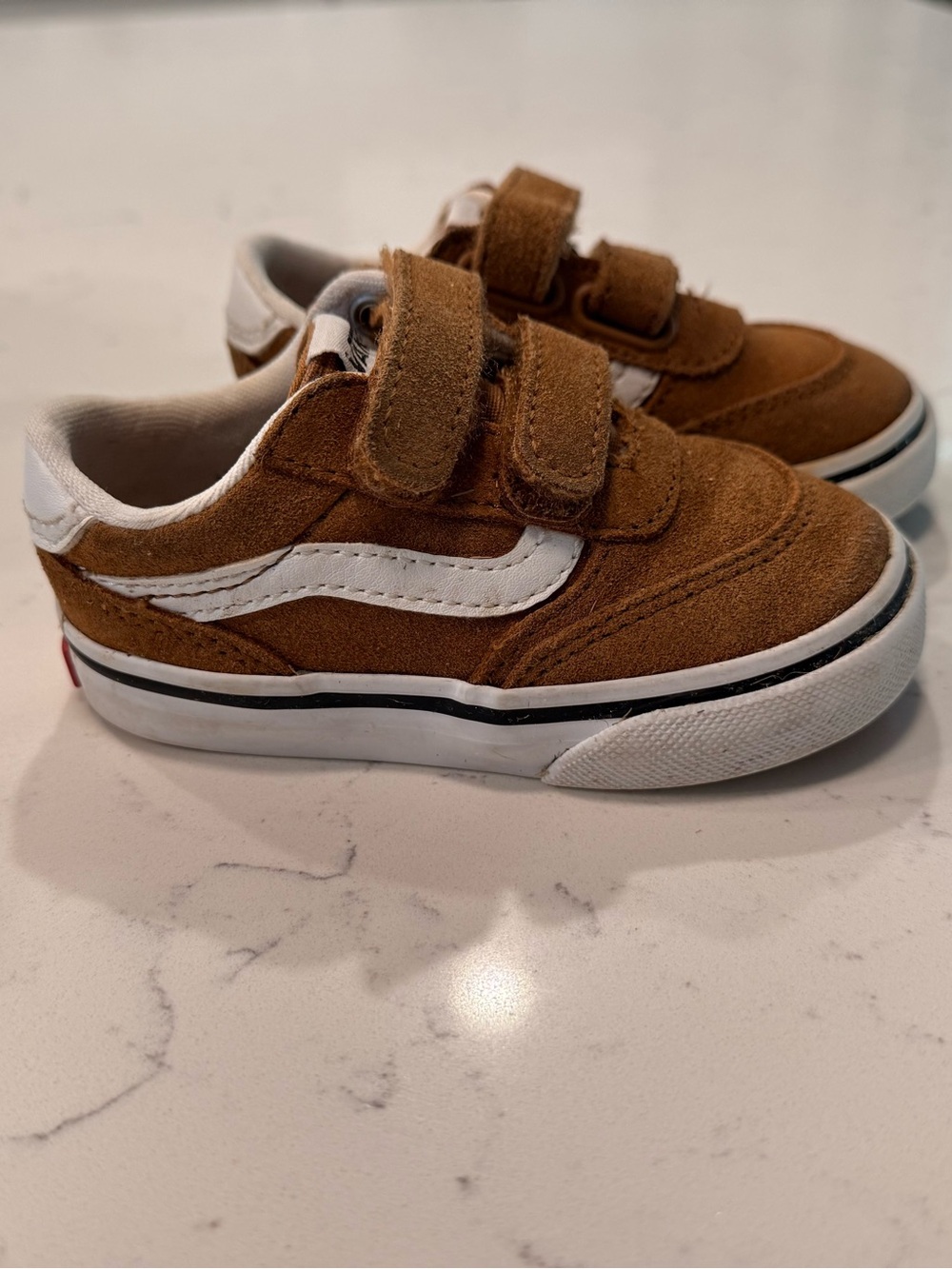 Vans Kids' Brown Suede Velcro Sneakers with White Side Stripe